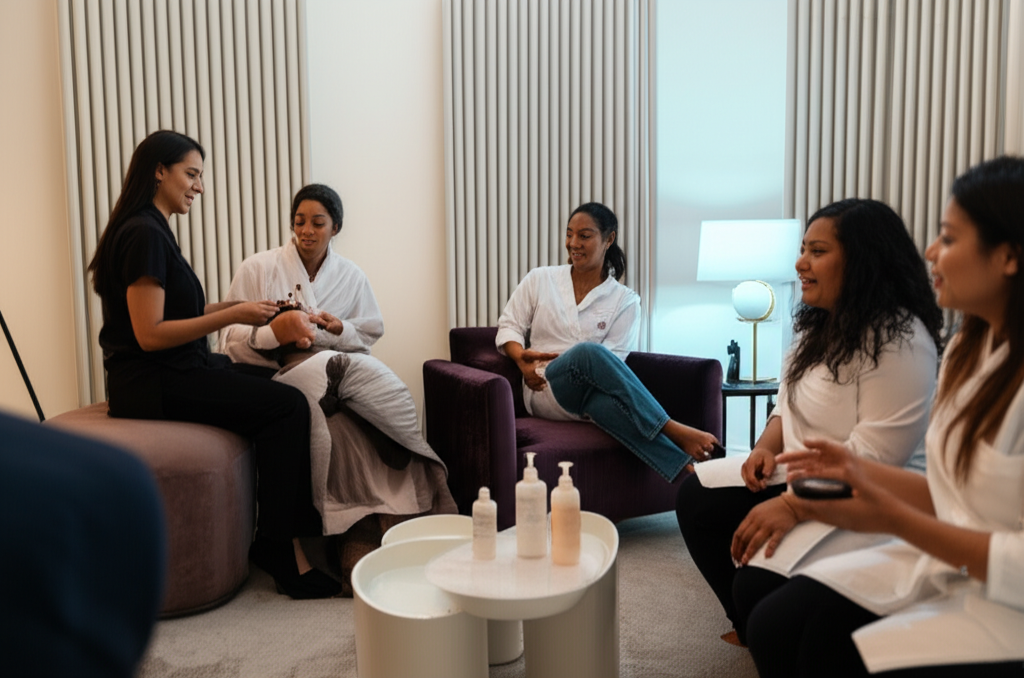 Friends enjoying a "Botox" party in a home setting