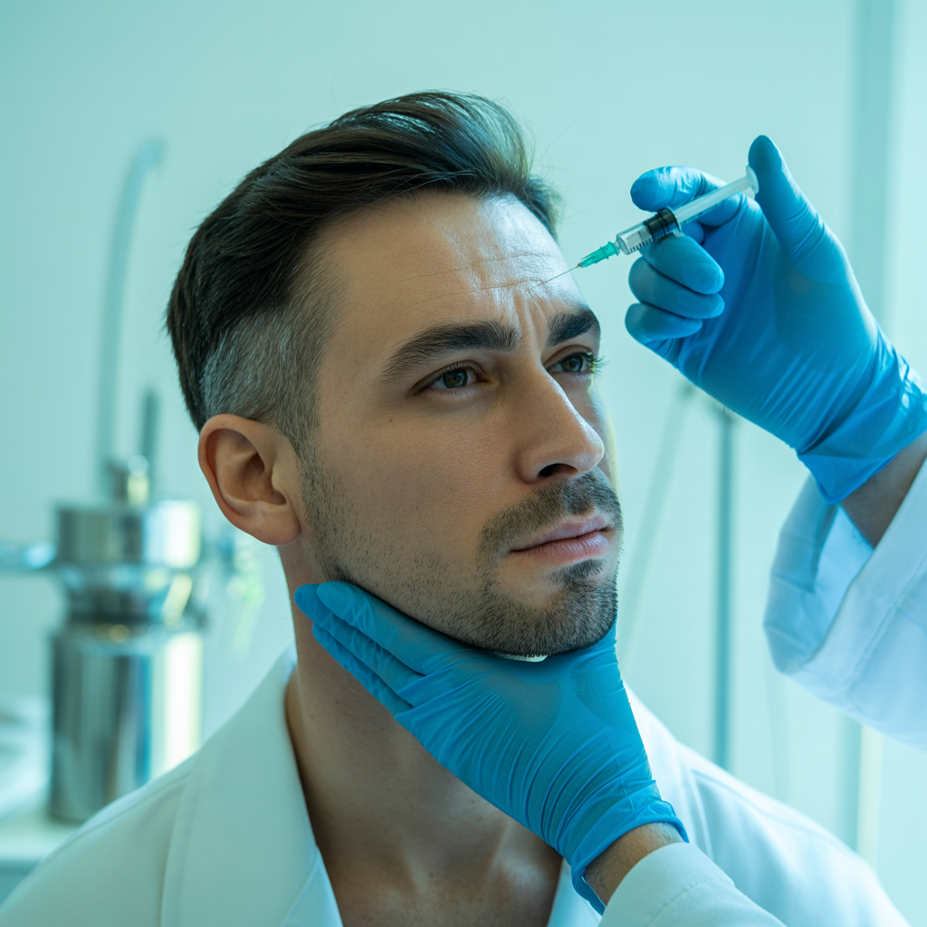 Man receiving Dysport injection in the forehead area in a clinical setting