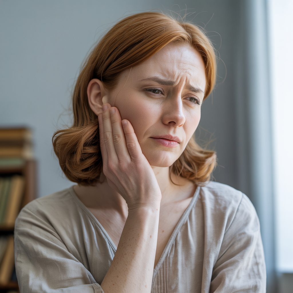 Woman experiencing TMJ pain holding her jaw in discomfort