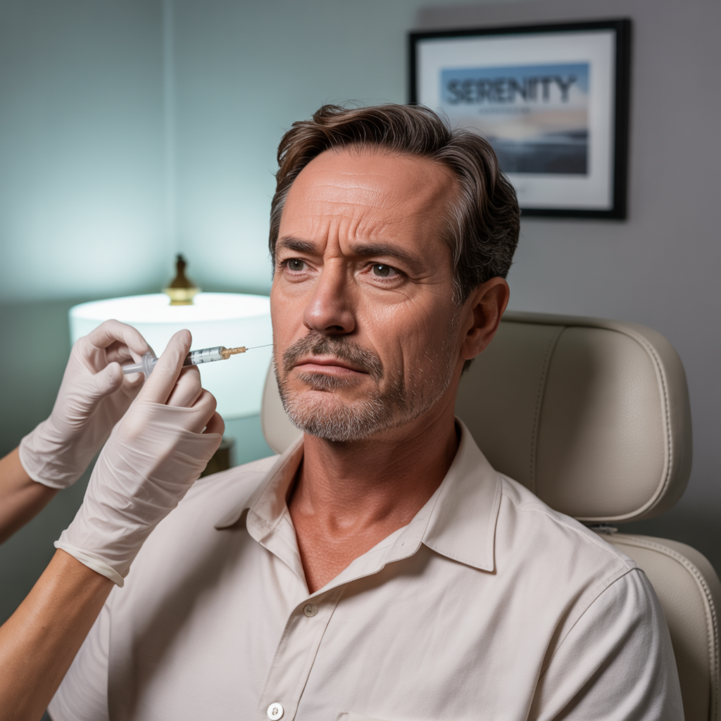 Middle-aged man receiving masseter injections for TMJ pain relief
